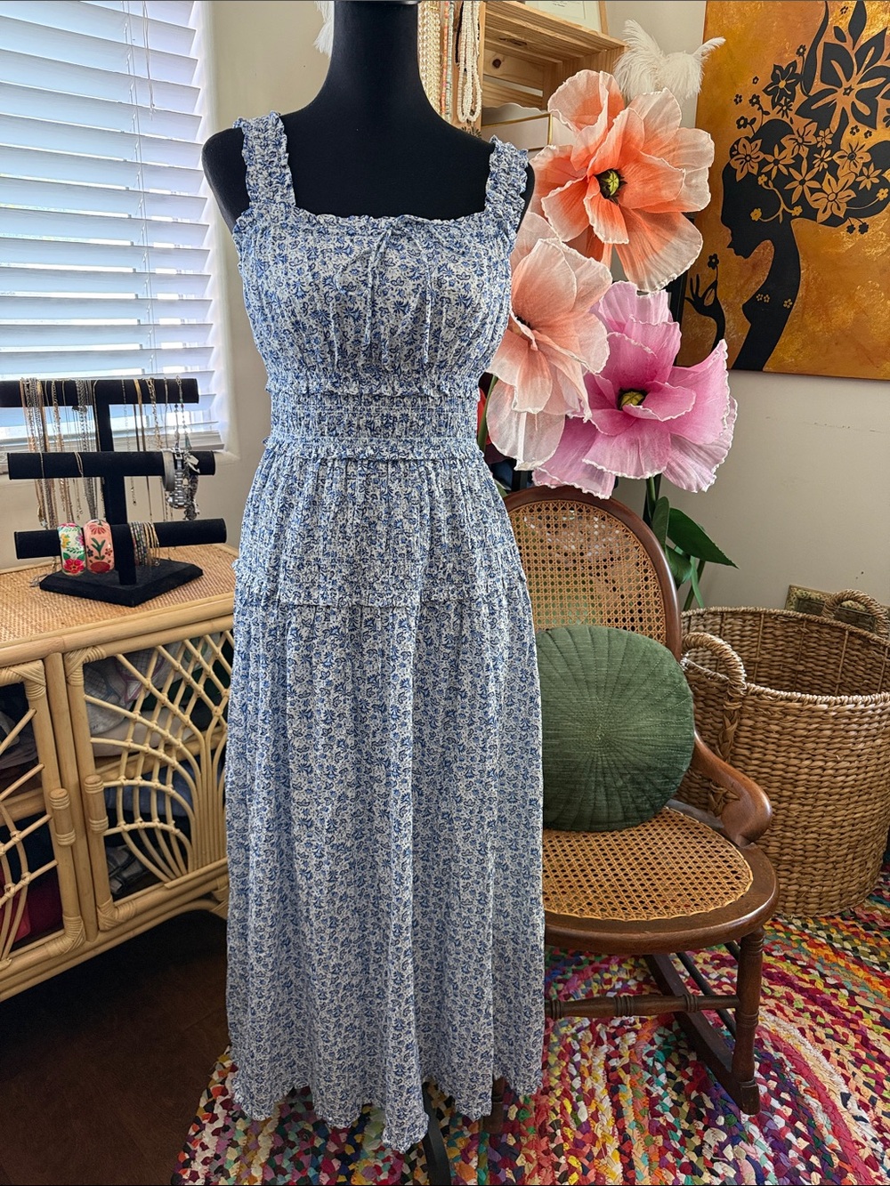 NWT GAP x DOEN Blue Ditsy Paisley Floral Smocked Milkmaid Boho Midi Maxi Dress